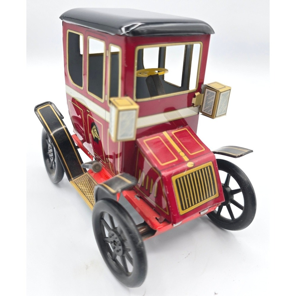 Japanese Tin Litho Friction Horseless Carriage Vintage Antique Toy Car Red Black